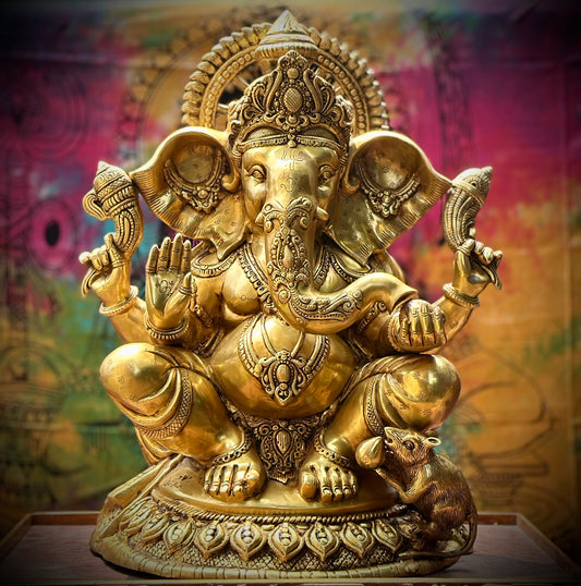 Large Lord Ganesha Brass Statue – 23" Pure Fine Brass Ganesh Idol