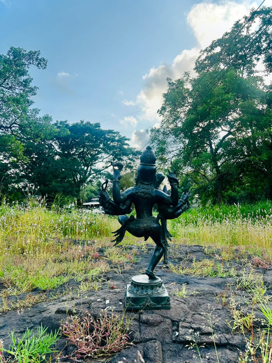 Dancing Shiva Statue With 10 Arms Holding a Trident With Antique Green Patina, 61cm / 24inches