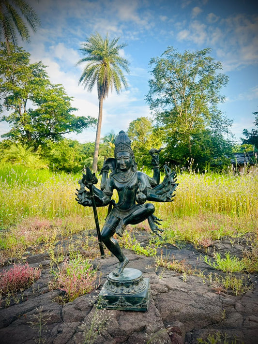 Dancing Shiva Statue With 10 Arms Holding a Trident With Antique Green Patina, 61cm / 24inches